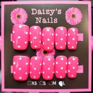 Large Size Press-on Nail 10Pc Set Handmade Squoval Pink Polka Dot 2.0 Cm Length